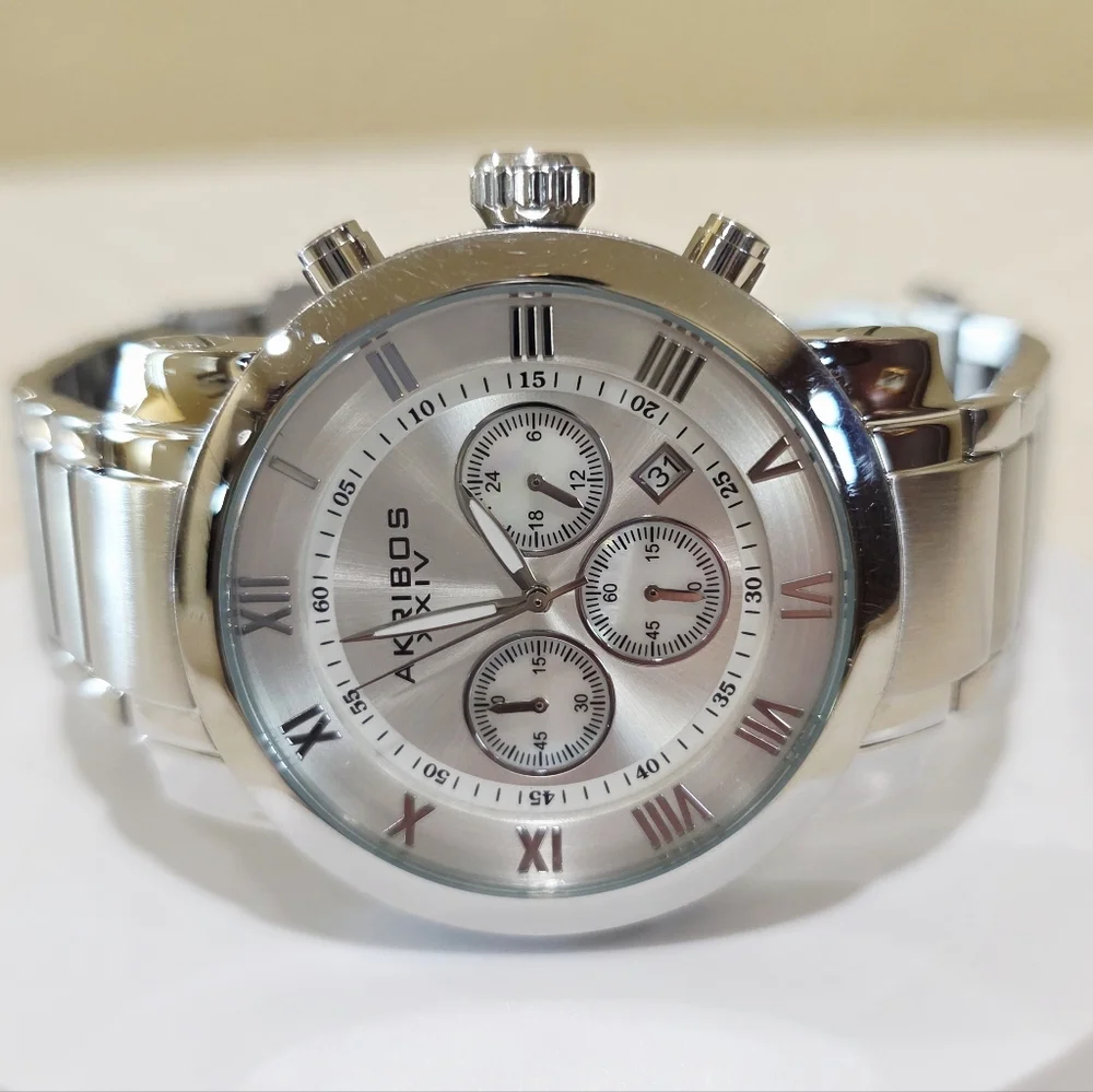 Akribos XXIV Grandiose Chronograph Large Men's Watch Stainless MOP Accent Runs